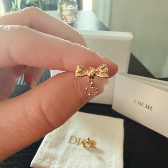 Dior Gold Bow Earrings with Logo Charm - Picture 7 of 9